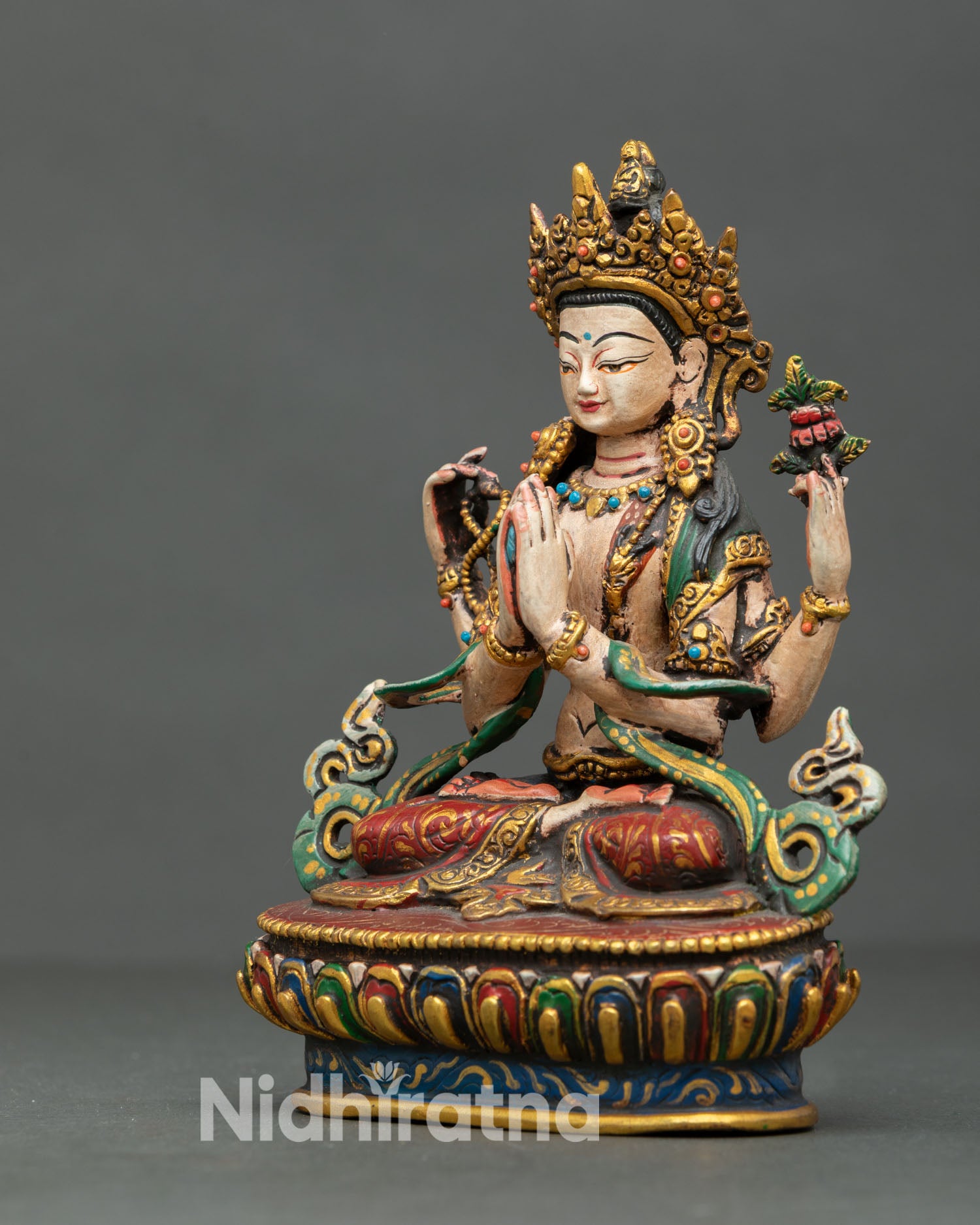 left side view copper chenrezig statue handcrafted bodhisattva with acrylic paint finish