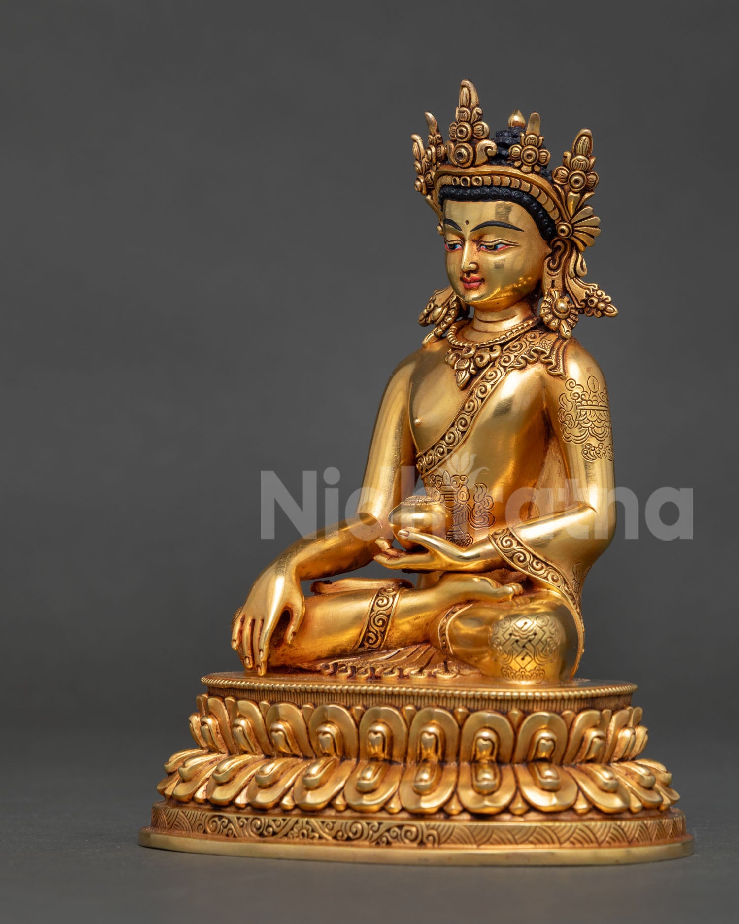 left side view crown shakyamuni buddha statue copper gold gilded double lotus throne