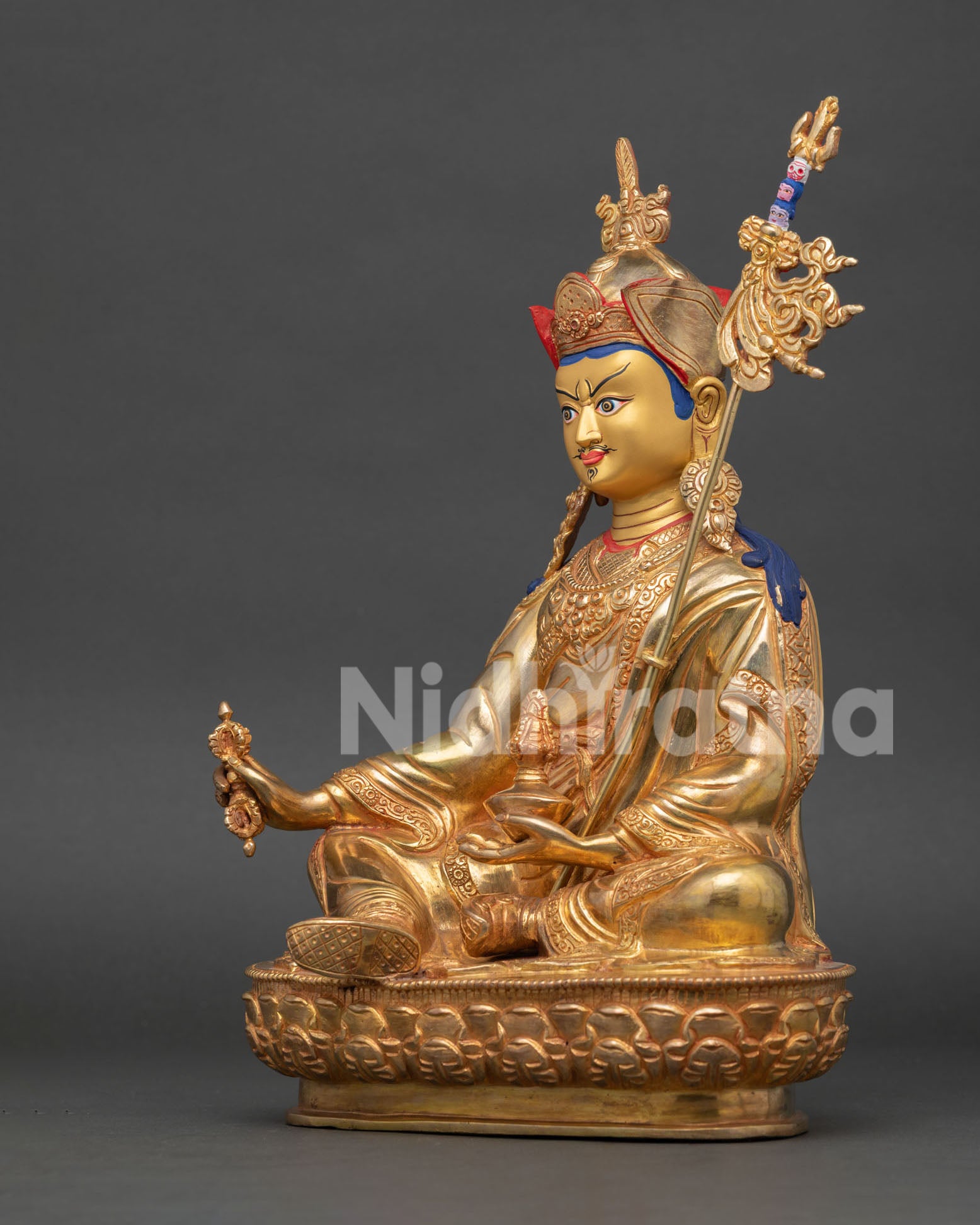 Left Side View Guru Rinpoche Statue Copper Gold Gilded Buddhist Artwork