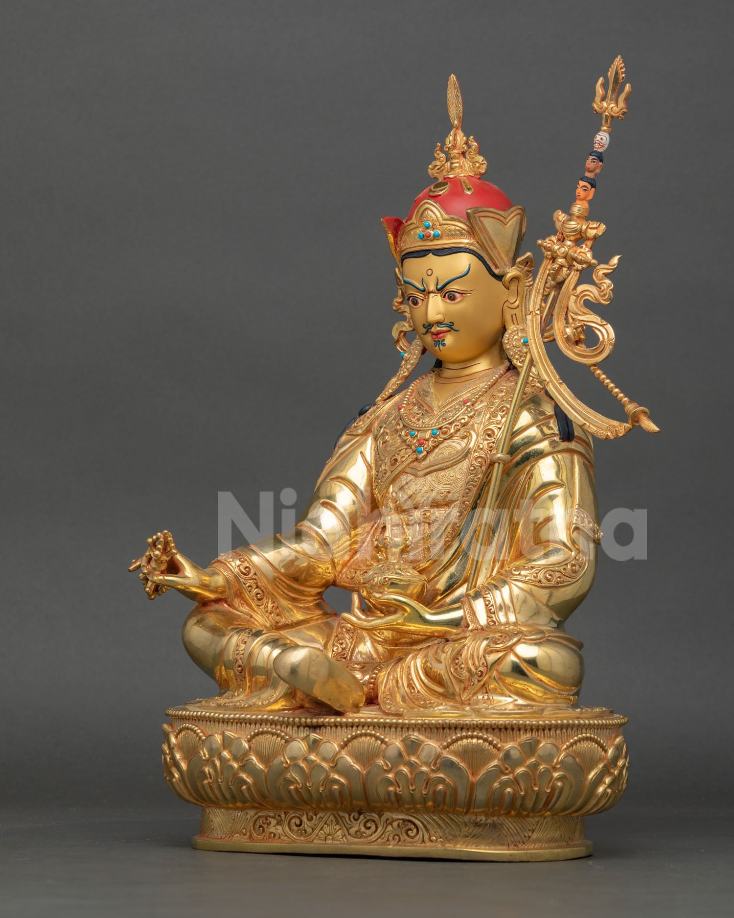 left side view guru rinpoche statue, detailed nepalese lost wax metal ritual art