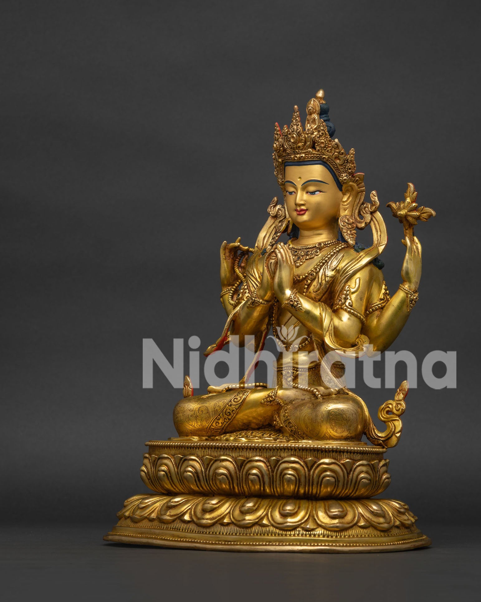 Left Side View of Handcrafted Copper 4-Armed Chenrezig Avalokiteshvara Statue