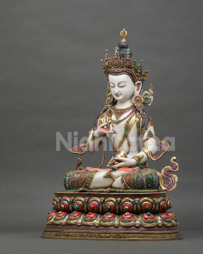Left side view of handmade copper Vajrasattva Buddha Statue from Nepal