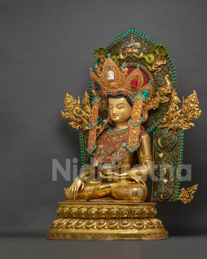Left side view of Jowo Rinpoche statue with acrylic painted flame halo