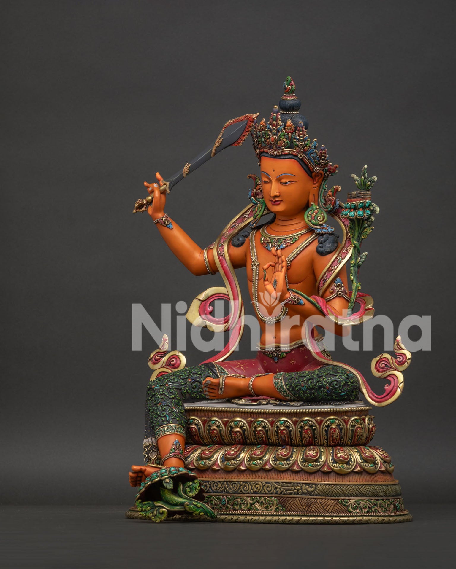 Left side view Manjushri statue Prajnaparamita Sutra utpala flower copper Buddhist Nepal art