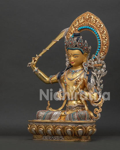 Left side view of Manjushri Statue with Prajnaparamita lotus and silver plated details