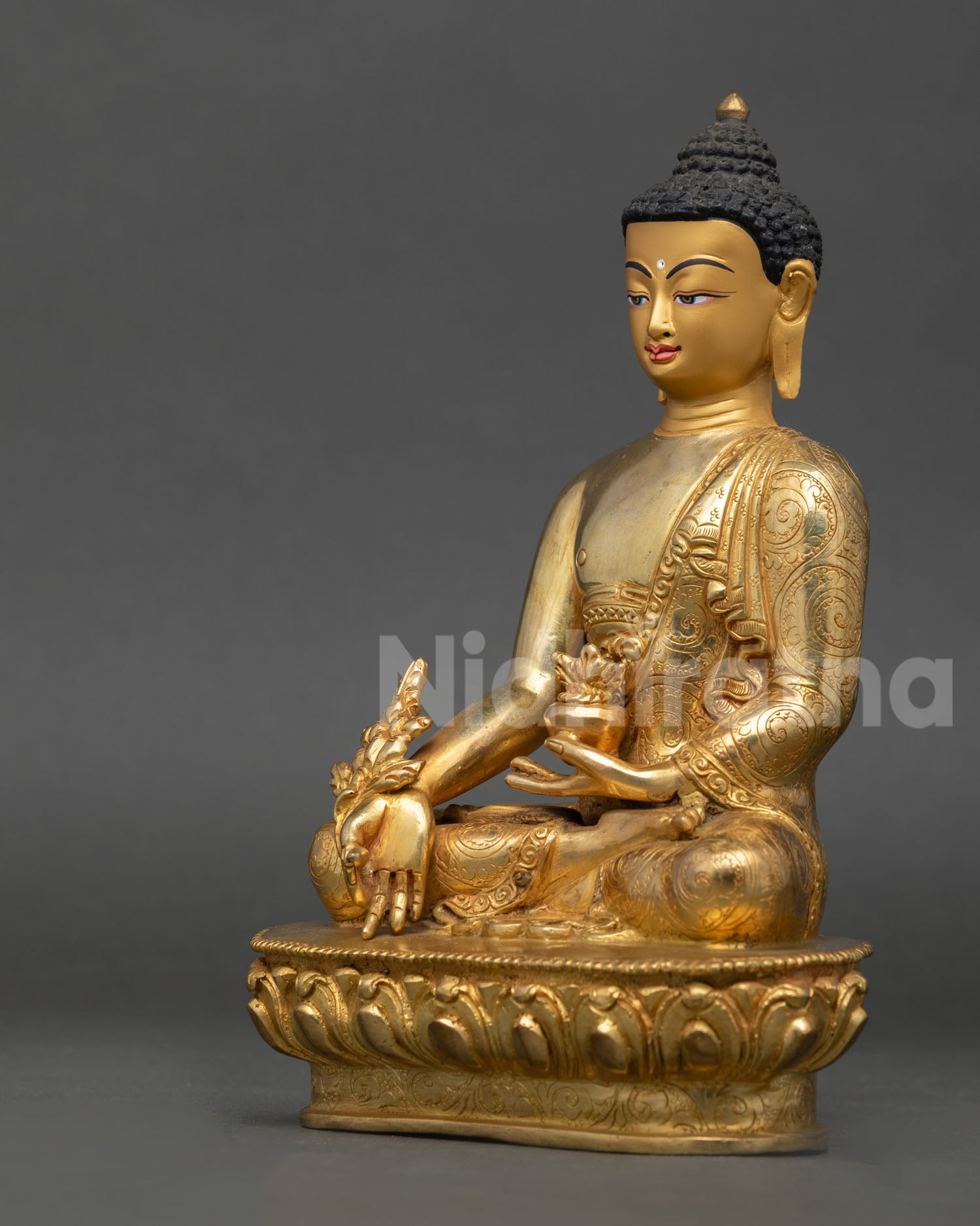 left side view medicine buddha statue showing himalayan buddhist craftsmanship