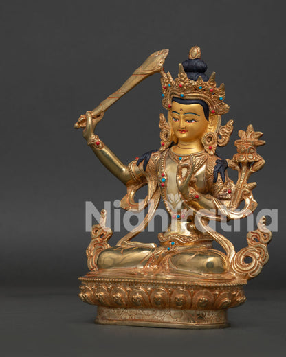 Left Side View of 24K Gold Fire Gilded Manjushri Statue