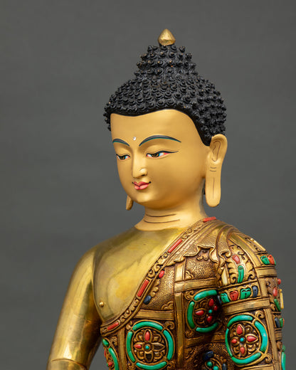 Left Side View of Amitabha Buddha Copper Statue with Fire Gilded Finish