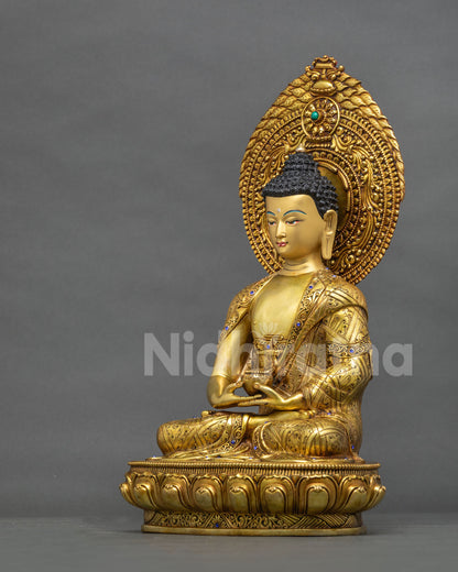 Left side view of Amitabha Buddha statue, handcrafted gold fire-gilded Buddhist sculpture with halo