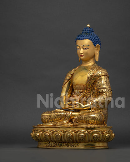 Left side view of Amitabha Buddha statue with flowing monastic robe