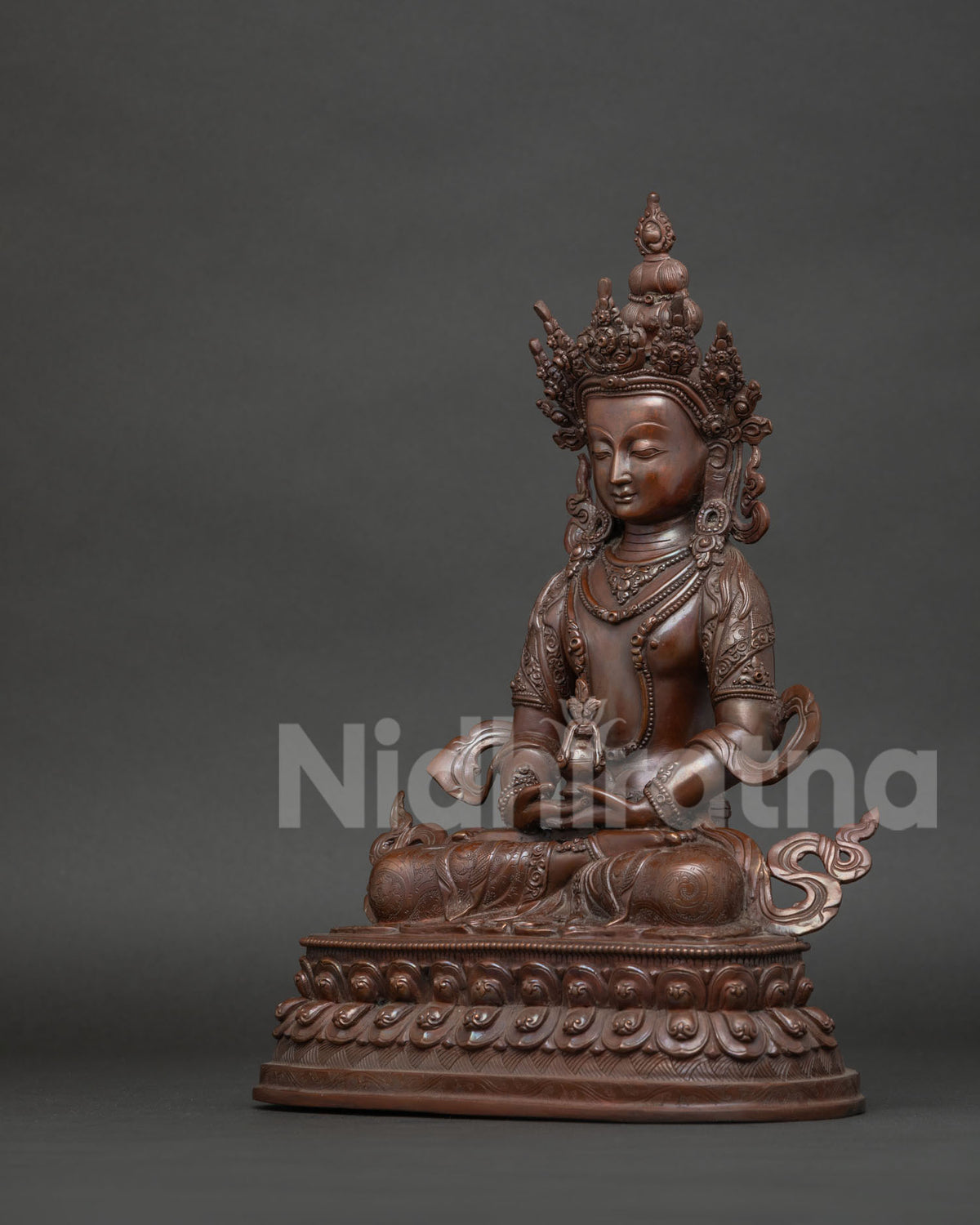 Left side view of Amitayus Buddha statue holding sacred Long Life Vase
