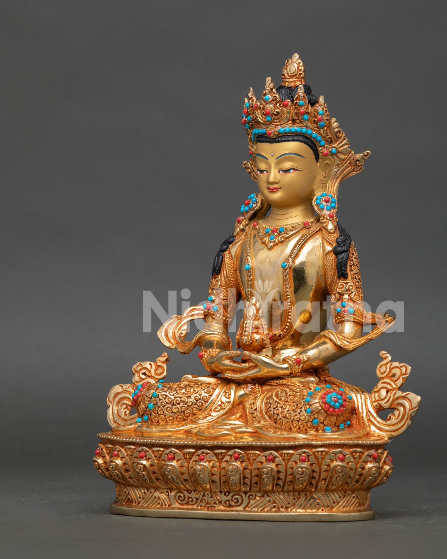 Left side view of Amitayus Buddha statue showing handcrafted Buddhist sculpture