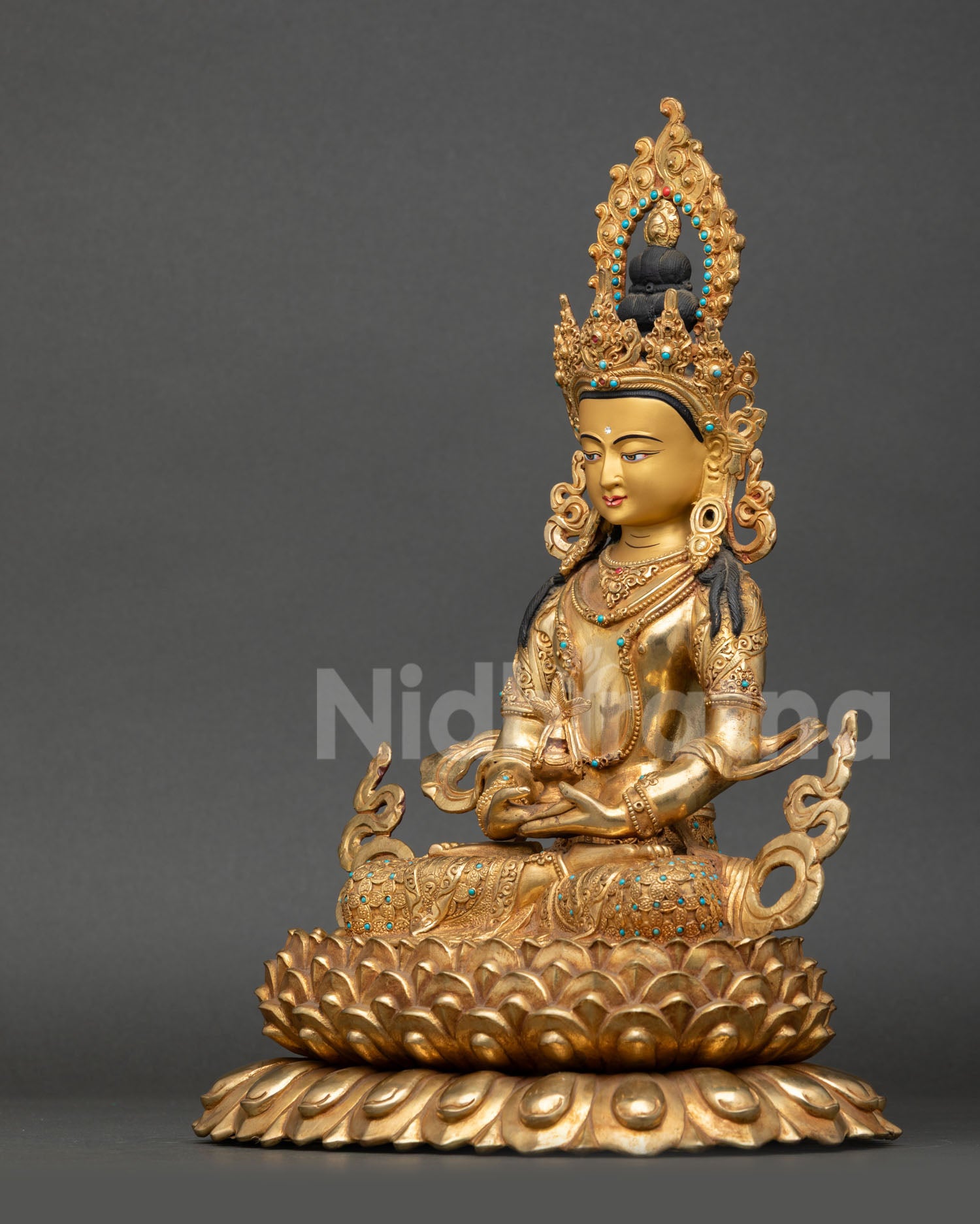 Left Side View of Amitayus Buddhist Statue With Sacred Ornaments