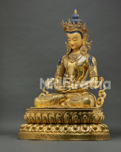 left side view of amitayus statue, balanced profile, sacred ornaments and detailed lotus pedestal