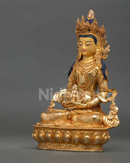 left side view of amitayus statue copper lost wax buddhist art with gold fire gilded finish