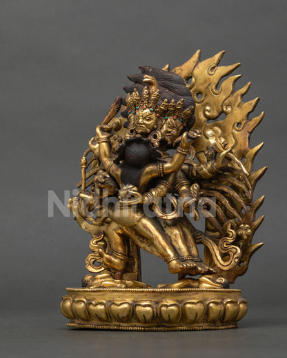 Left side view of antique Hayagriva Yab-Yum statue, Tibetan Buddhist deity with flame halo