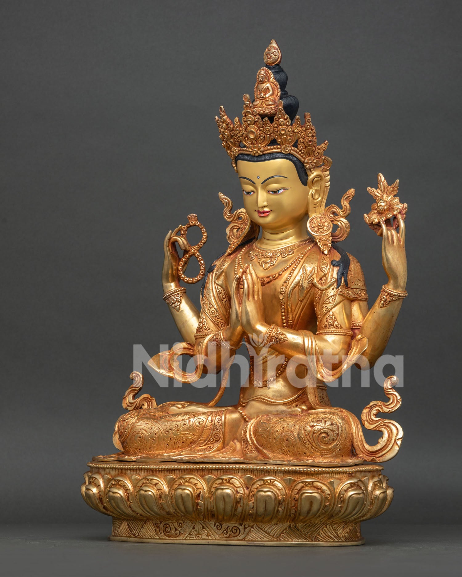 Left side view of authentic Newar hand-carved copper Avalokiteshvara statue