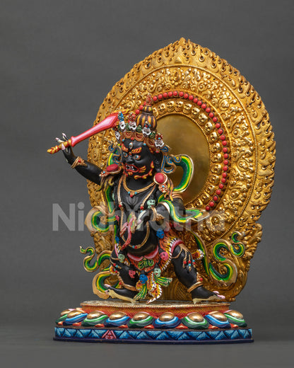 Left side view of Black Manjushri statue, Nepal handcrafted wrathful Bodhisattva sculpture