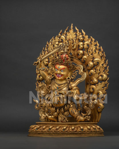 Left side view of Black Manjushri statue with Prajnaparamita sutra in hand
