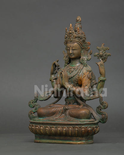 Left side view of Chenrezig Bodhisattva Statue in handcrafted oxidized copper