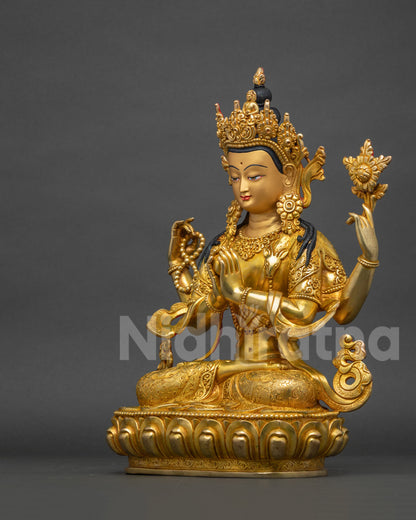 Left side view of Chenrezig statue, gold fire-gilded copper sculpture