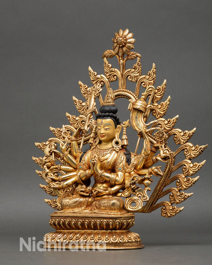 Left side view of Chundi Devi statue wrathful feminine bodhisattva copper gold gilded details