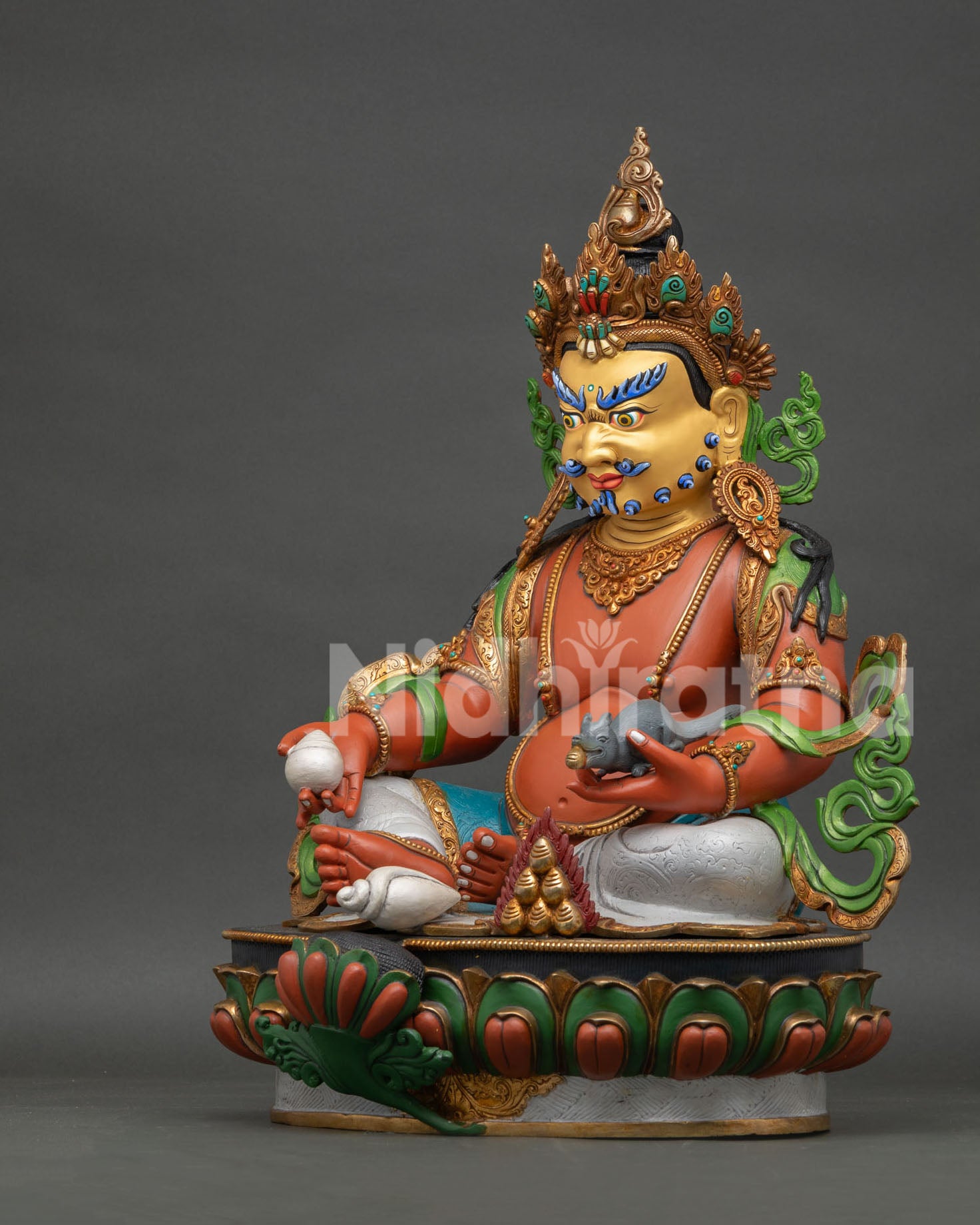 left side view of dzambhala buddhist statue showcasing handcrafted copper details and ornate jewelry