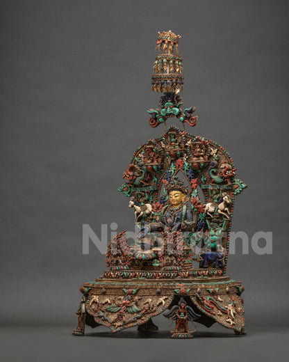 Left side view of Enthroned Green Tara statue with celestial deity halo and parasol