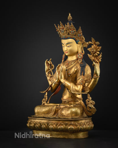 Left side view of Four-Armed Chenrezig statue, handcrafted Buddhist sculpture