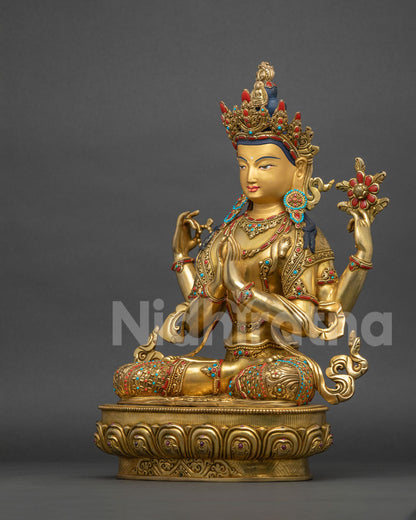 Left side view of four-armed Chenrezig statue on engraved lotus pedestal, handcrafted copper from Nepal