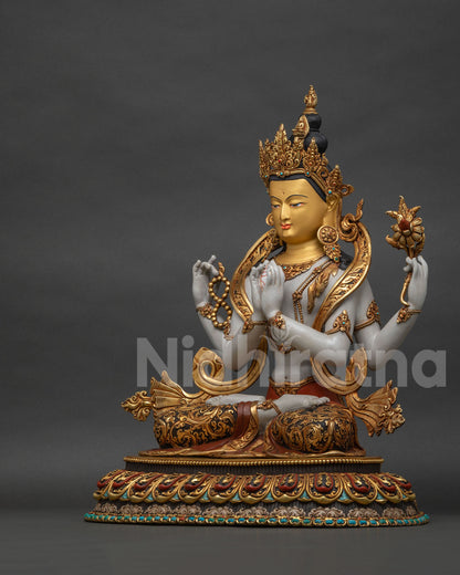 Left side view of Four-Armed Chenrezig statue showcasing intricate Nepali craftsmanship