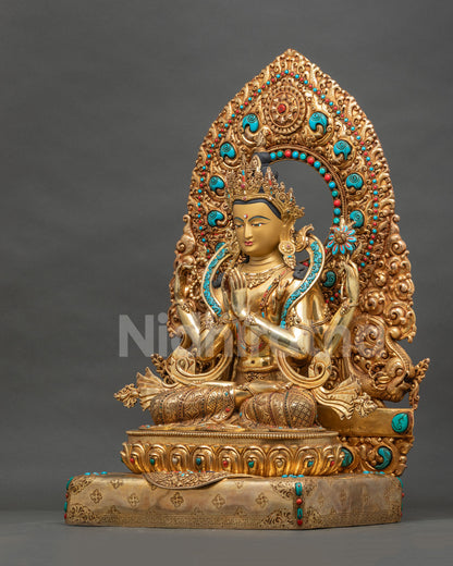 Left side view of gold fire-gilded Avalokiteshvara statue with anjali mudra and repoussé detailing
