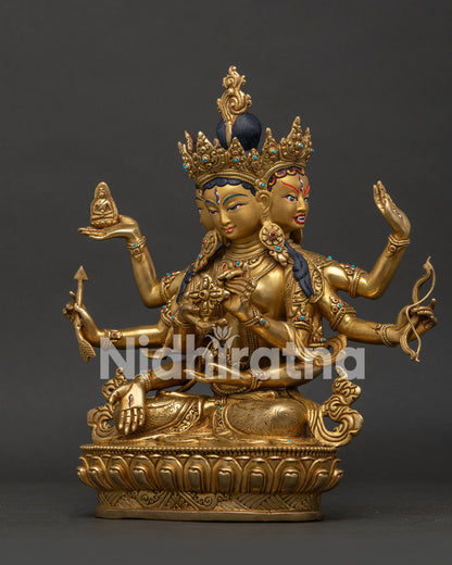 Left Side View of Gold Fire Gilded Namgyalma Copper Buddhist Statue.