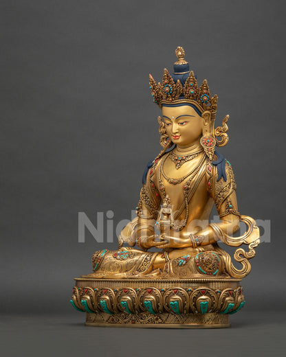 left side view of gold gilded amitayus statue handmade buddha nepal