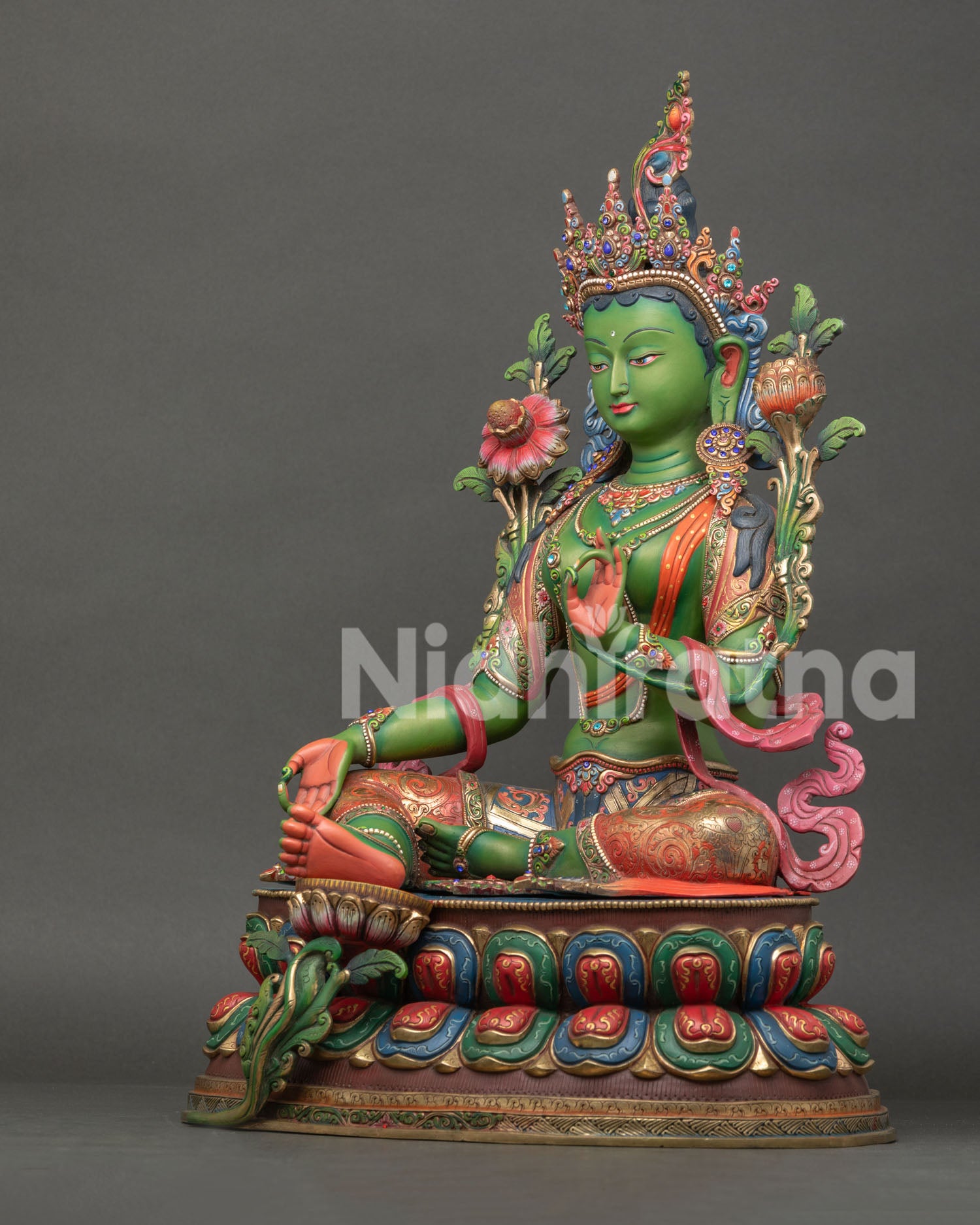 Left Side View of Green Tara Buddhist Statue with Gold Gilded Copper Finish