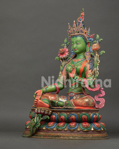 Left Side View of Green Tara Buddhist Statue with Gold Gilded Copper Finish