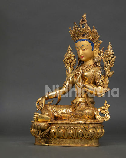 left side view of green tara drolma statue handcrafted by newari artisans