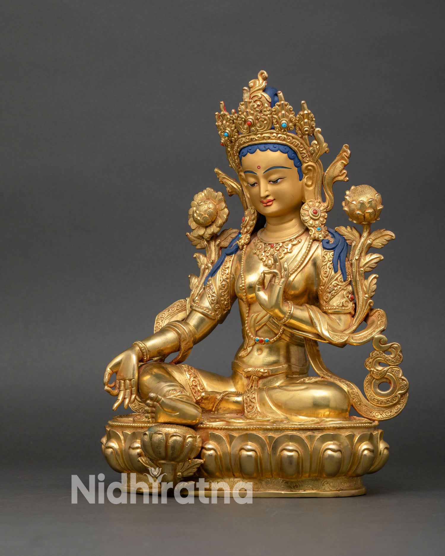 left side view of green tara statue, copper and gold, meditation and altar decor