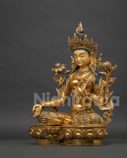Left side view of Green Tara statue, handcrafted Himalayan sculpture