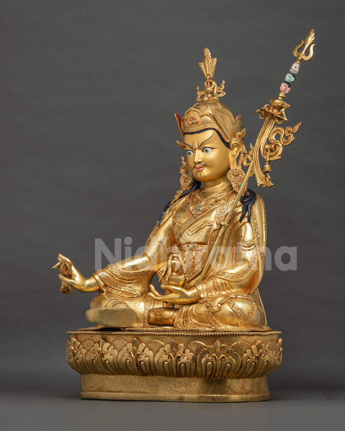 Left Side View of Guru Rinpoche Statue with Skull-Cup Vase, Mark of Tantric Realization
