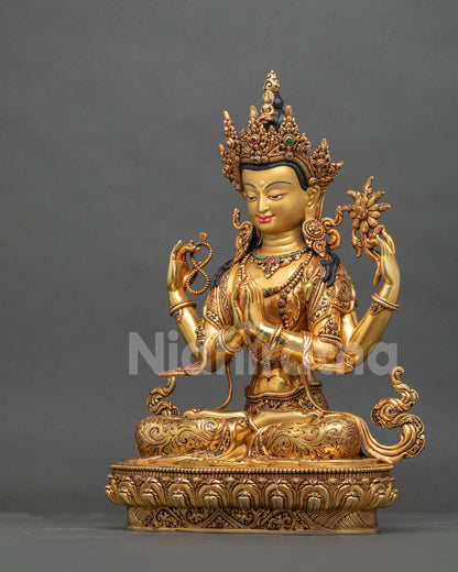 Left side view of hand-crafted gold Chenrezig statue on lotus throne.