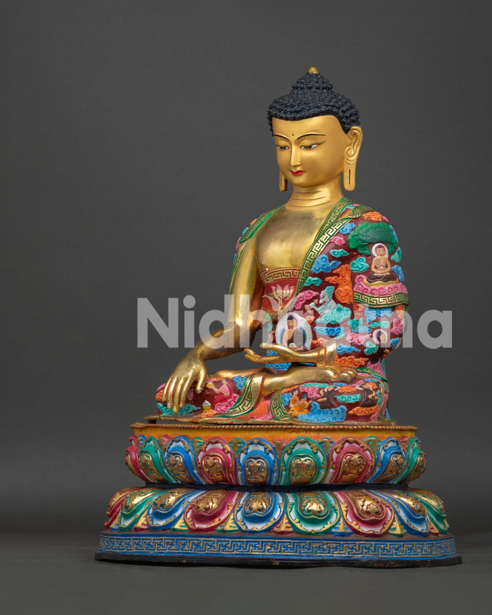 Left side view of hand-painted Shakyamuni Buddha statue, copper sculpture from Nepal