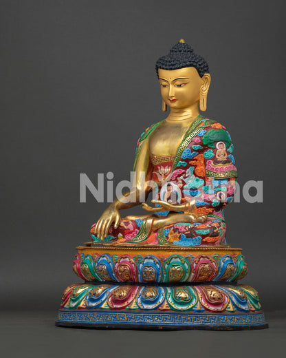 Left side view of hand-painted Shakyamuni Buddha statue, copper sculpture from Nepal