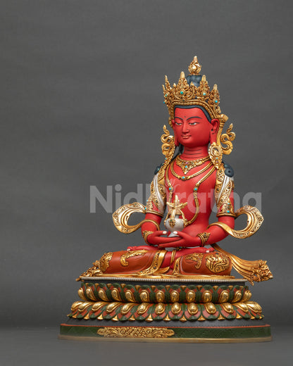 Left side view of handcrafted Amitayus Buddha sculpture with flowing scarves and lotus base