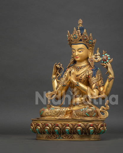 Left side view of handcrafted Four-Armed Chenrezig statue from Nepal