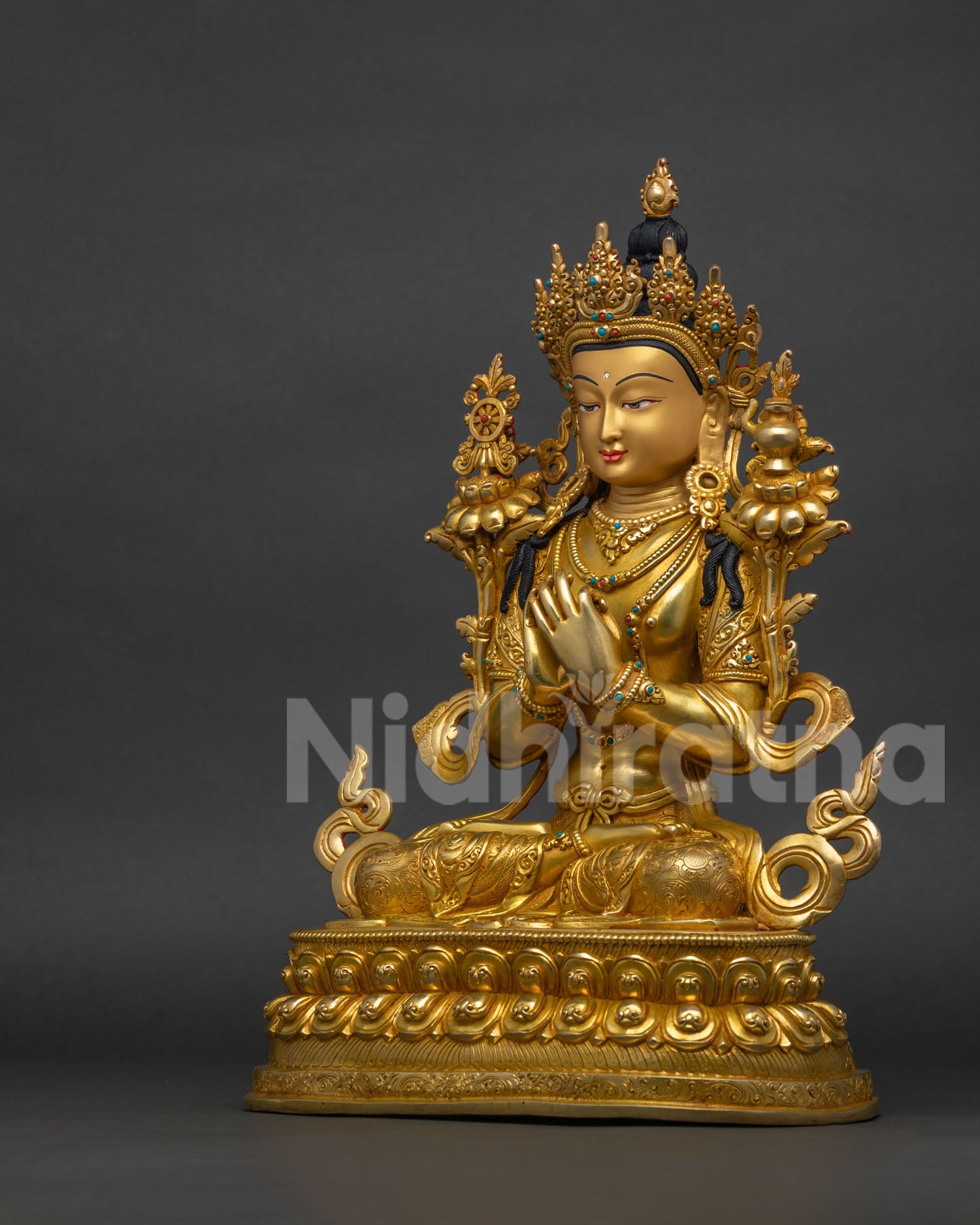 Left side view of handcrafted Maitreya Buddha Statue from Patan Nepal