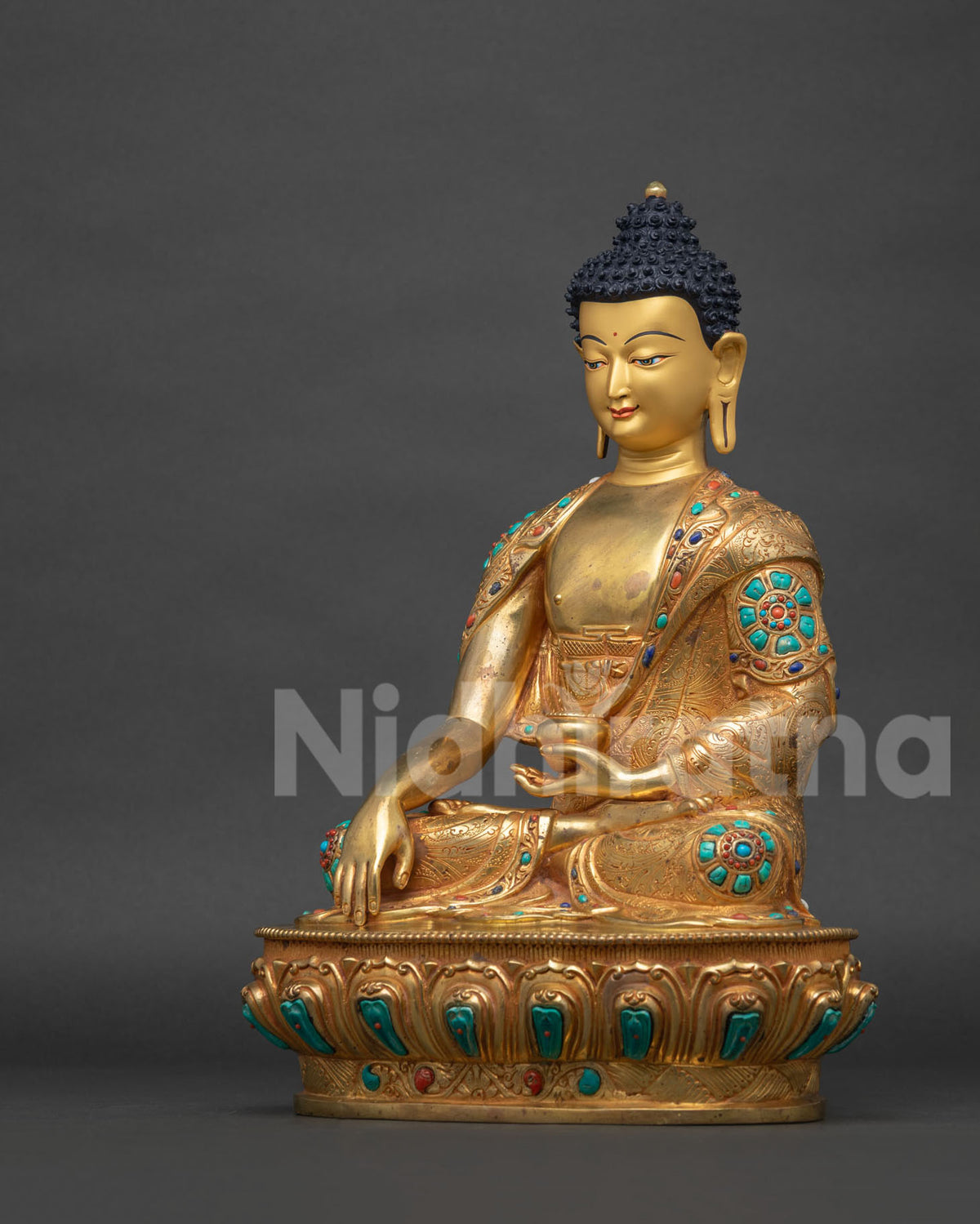 Left side view of handcrafted Shakyamuni Buddha statue from Nepal