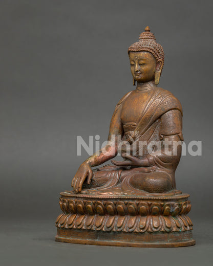 Left side view of handcrafted Shakyamuni Buddha Statue with antique oxidized copper finish