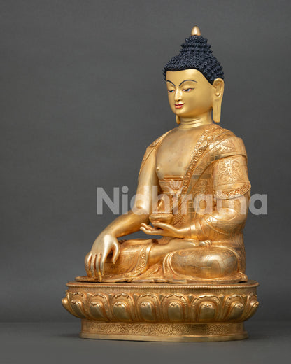 left side view of handcrafted shakyamuni buddha statue with gold finish