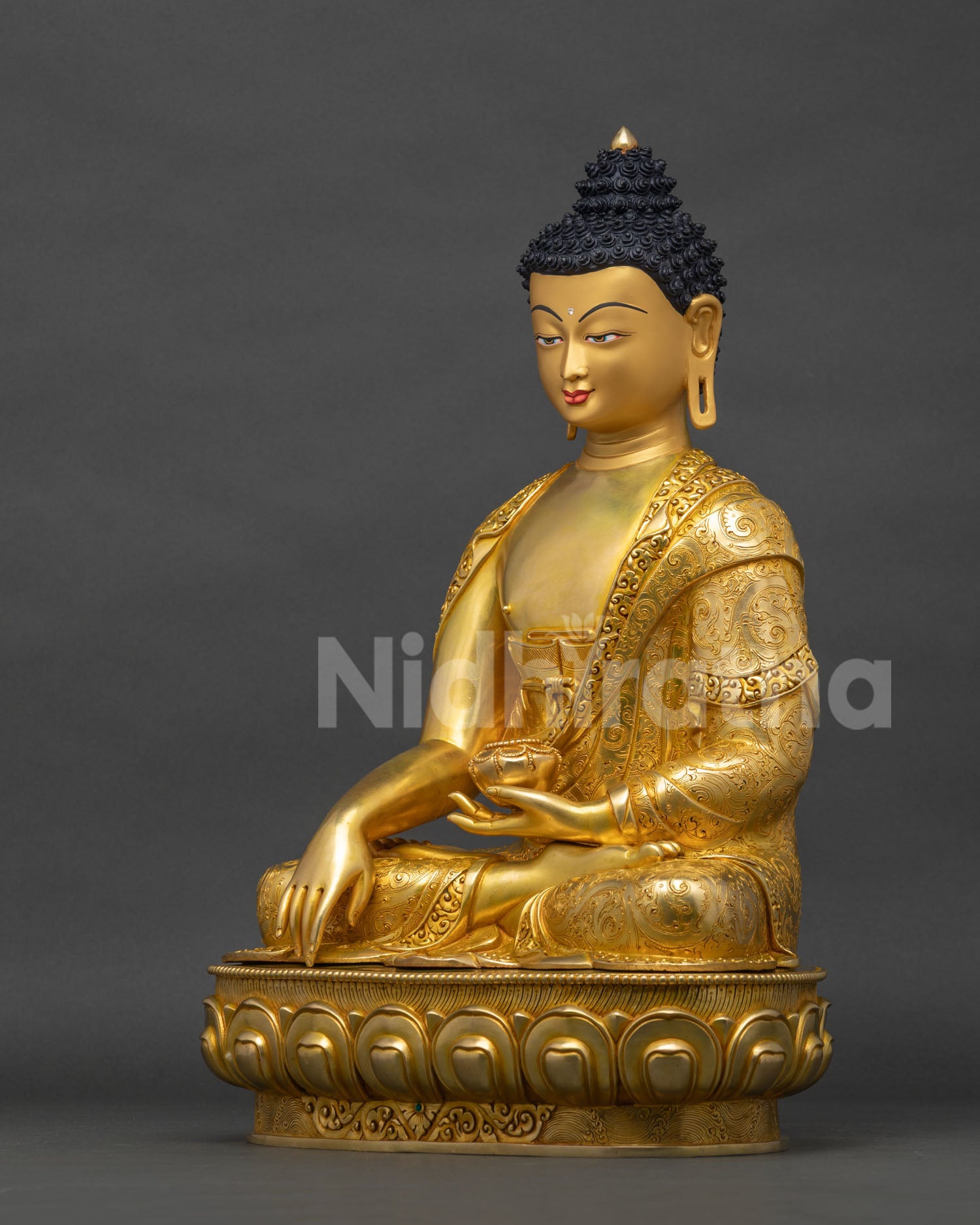 Left side view of handmade copper Shakyamuni Buddha statue Bhutan
